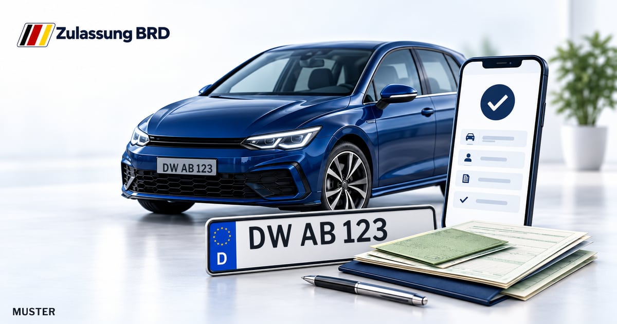 Online Fahrzeugzulassung in Freital: Musterkennzeichen DW AB 123, Auto und Fahrzeugpapiere und Smartphone. Illustration mit Logo von Zulassung BRD.